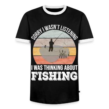 Sorry I wasn't listening, I was Fishing - Men's Ringer Shirt - black/white - Front - AI Model Female 172 light (172cm) & AI Model Male 178 light (178cm)