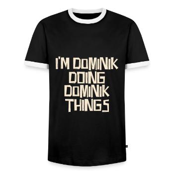 I'm Dominik doing Dominik things - Men's Ringer Shirt - black/white - Front - AI Model Female 172 light (172cm) & AI Model Male 178 light (178cm)