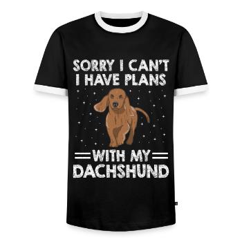 Tut mir leid, ich kann nicht, ich habe Pläne mit meinem Dackelhund L - Männer Kontrast-T-Shirt - Schwarz/Weiß - Vorne - AI Model Female 172 light (172cm) & AI Model Male 178 light (178cm)