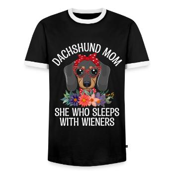 Dackel Mama Sie, die mit Wiener Hundebesitzer schläft - Männer Kontrast-T-Shirt - Schwarz/Weiß - Vorne - AI Model Female 172 light (172cm) & AI Model Male 178 light (178cm)