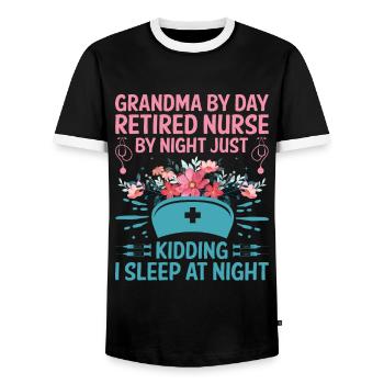 Grand-mère retraitée Pension Infirmière infirmière en soins infirmiers - T-shirt contrasté Homme - noir/blanc - Devant - AI Model Female 172 light (172cm) & AI Model Male 178 light (178cm)