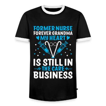 Grand-mère retraitée Pension Infirmière infirmière en soins infirmiers - T-shirt contrasté Homme - noir/blanc - Devant - AI Model Female 172 light (172cm) & AI Model Male 178 light (178cm)