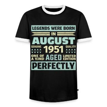 72. Geburtstag August Jahrgang 1951 Vintage - Männer Kontrast-T-Shirt - Schwarz/Weiß - Vorne - AI Model Female 172 light (172cm) & AI Model Male 178 light (178cm)