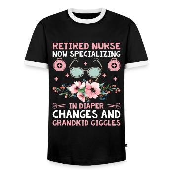 Grand-mère retraitée Pension Infirmière infirmière en soins infirmiers - T-shirt contrasté Homme - noir/blanc - Devant - AI Model Female 172 light (172cm) & AI Model Male 178 light (178cm)