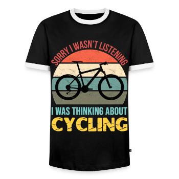 Sorry I wasn't listening I was thinking cycling - Men's Ringer Shirt - black/white - Front - AI Model Female 172 light (172cm) & AI Model Male 178 light (178cm)