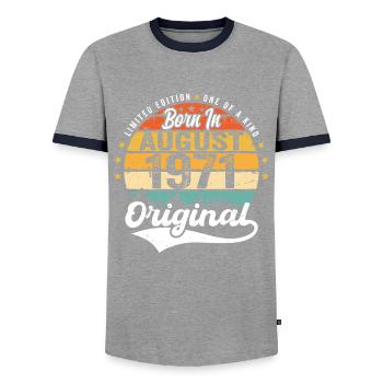 August 1971 Birthday Gift Ideas 1971 August - Men's Ringer Shirt - grey/navy  - Front - AI Model Female 172 light (172cm) & AI Model Male 178 light (178cm)