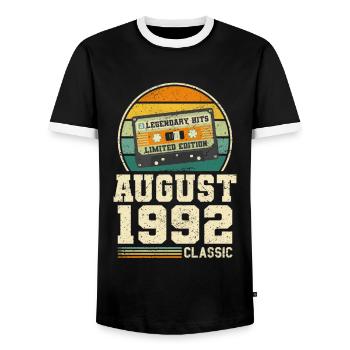31st Birthday August Vintage 1992 Vintage - Men's Ringer Shirt - black/white - Front - AI Model Female 172 light (172cm) & AI Model Male 178 light (178cm)