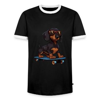 Dachshund skateboard dog, Weenie Dog - Männer Kontrast-T-Shirt - Schwarz/Weiß - Vorne - AI Model Female 172 light (172cm) & AI Model Male 178 light (178cm)