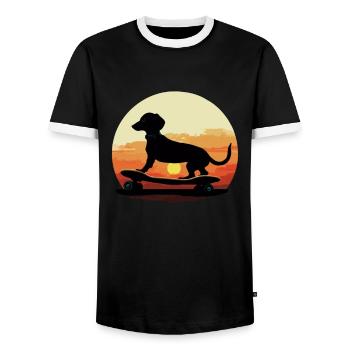 Dachshund skateboard dog, Weenie Dog - Männer Kontrast-T-Shirt - Schwarz/Weiß - Vorne - AI Model Female 172 light (172cm) & AI Model Male 178 light (178cm)