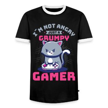Gaming, Zocken, Videospiel, Grumpy Katze Gamer - Männer Kontrast-T-Shirt - Schwarz/Weiß - Vorne - AI Model Female 172 light (172cm) & AI Model Male 178 light (178cm)