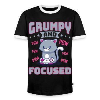 Gaming, Zocken, Videospiel, Grumpy Katze Gamer - Männer Kontrast-T-Shirt - Schwarz/Weiß - Vorne - AI Model Female 172 light (172cm) & AI Model Male 178 light (178cm)