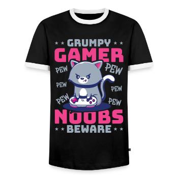 Gaming, Zocken, Videospiel, Grumpy Katze Gamer - Männer Kontrast-T-Shirt - Schwarz/Weiß - Vorne - AI Model Female 172 light (172cm) & AI Model Male 178 light (178cm)