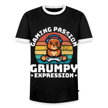 Gaming, Zocken, Videospiel, Grumpy Katze Gamer - Männer Kontrast-T-Shirt - Schwarz/Weiß - Vorne - AI Model Female 172 light (172cm) & AI Model Male 178 light (178cm)