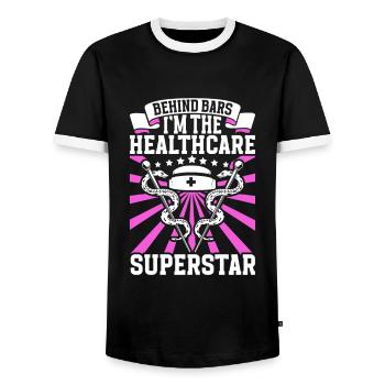 Superstar en tant qu’infirmière dans le système carcéral - T-shirt contrasté Homme - noir/blanc - Devant - AI Model Female 172 light (172cm) & AI Model Male 178 light (178cm)
