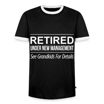 Retired - Under New Management - See Grandkids - Men's Ringer Shirt - black/white - Front - AI Model Female 172 light (172cm) & AI Model Male 178 light (178cm)