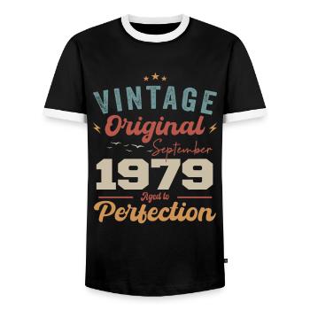 September 1979 Jubilee 1979 September Gift - Men's Ringer Shirt - black/white - Front - AI Model Female 172 light (172cm) & AI Model Male 178 light (178cm)