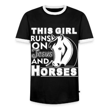 Horse This Girl Runs On Jesus And Horses - Men's Ringer Shirt - black/white - Front - AI Model Female 172 light (172cm) & AI Model Male 178 light (178cm)