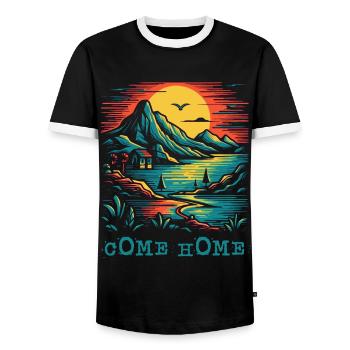 Komm nach Hause: Naturszene Sonne, Vögel und Berge - Männer Kontrast-T-Shirt - Schwarz/Weiß - Vorne - AI Model Female 172 light (172cm) & AI Model Male 178 light (178cm)