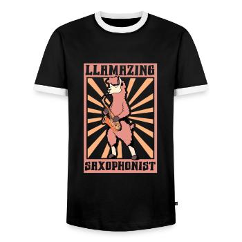 Lama Saxophonist - Men's Ringer Shirt - black/white - Front - AI Model Female 172 light (172cm) & AI Model Male 178 light (178cm)