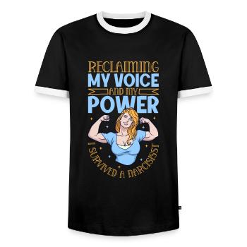 Strong Again - Narcissism Survivors - Men's Ringer Shirt - black/white - Front - AI Model Female 172 light (172cm) & AI Model Male 178 light (178cm)