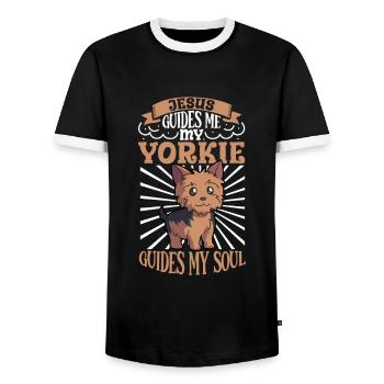 Jésus et mon Yorkshire Terrier - T-shirt contrasté Homme - noir/blanc - Devant - AI Model Female 172 light (172cm) & AI Model Male 178 light (178cm)