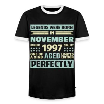 26. Geburtstag November Jahrgang 1997 Vintage - Männer Kontrast-T-Shirt - Schwarz/Weiß - Vorne - AI Model Female 172 light (172cm) & AI Model Male 178 light (178cm)