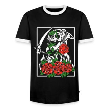 Faucheuse avec des roses | fleurs de crâne - T-shirt contrasté Homme - noir/blanc - Devant - AI Model Female 172 light (172cm) & AI Model Male 178 light (178cm)