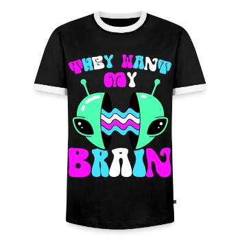 Alien, UFO, UAP, Space, Weltraum Flugobjekt - Männer Kontrast-T-Shirt - Schwarz/Weiß - Vorne - AI Model Female 172 light (172cm) & AI Model Male 178 light (178cm)