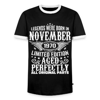 Legendary since November 1970 - 1970 November - Men's Ringer Shirt - black/white - Front - AI Model Female 172 light (172cm) & AI Model Male 178 light (178cm)