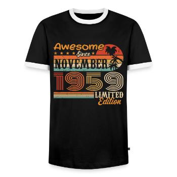 Une légende est née en novembre 1959 - 1959 - T-shirt contrasté Homme - noir/blanc - Devant - AI Model Female 172 light (172cm) & AI Model Male 178 light (178cm)