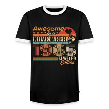 A legend was born in November 1965 - 1965 - Men's Ringer Shirt - black/white - Front - AI Model Female 172 light (172cm) & AI Model Male 178 light (178cm)