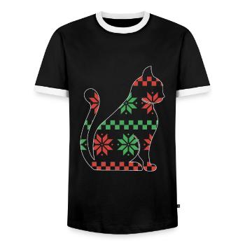 Cat Domestic Cat Shorthair Maine Coon Christmas - Men's Ringer Shirt - black/white - Front - AI Model Female 172 light (172cm) & AI Model Male 178 light (178cm)