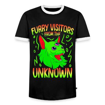 Cat Alien, UFO, UAP, Space, Space Flying Object - Men's Ringer Shirt - black/white - Front - AI Model Female 172 light (172cm) & AI Model Male 178 light (178cm)