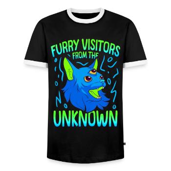 Cat Alien, UFO, UAP, Space, Space Flying Object - Men's Ringer Shirt - black/white - Front - AI Model Female 172 light (172cm) & AI Model Male 178 light (178cm)