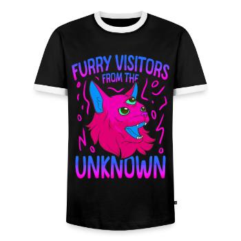 Cat Alien, UFO, UAP, Space, Space Flying Object - Men's Ringer Shirt - black/white - Front - AI Model Female 172 light (172cm) & AI Model Male 178 light (178cm)