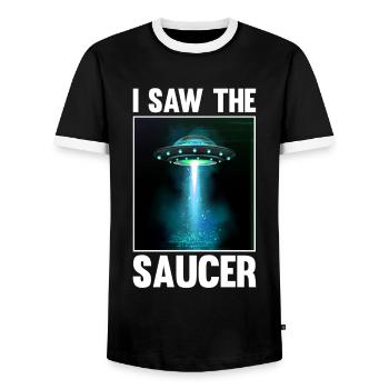 Alien, OVNI, UAP, Espace, Objet volant de l’espace - T-shirt contrasté Homme - noir/blanc - Devant - AI Model Female 172 light (172cm) & AI Model Male 178 light (178cm)