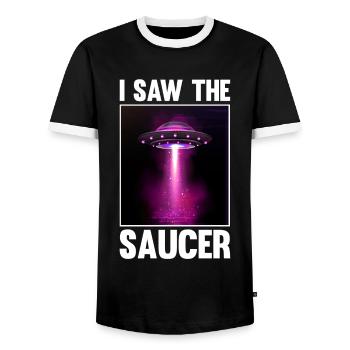 Alien, OVNI, UAP, Espace, Objet volant de l’espace - T-shirt contrasté Homme - noir/blanc - Devant - AI Model Female 172 light (172cm) & AI Model Male 178 light (178cm)