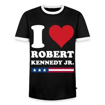 I Heart Robert Kennedy JR - Men's Ringer Shirt - black/white - Front - AI Model Female 172 light (172cm) & AI Model Male 178 light (178cm)