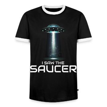 Alien, OVNI, UAP, Espace, Objet volant de l’espace - T-shirt contrasté Homme - noir/blanc - Devant - AI Model Female 172 light (172cm) & AI Model Male 178 light (178cm)