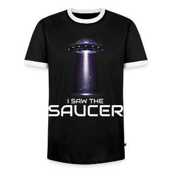 Alien, UFO, UAP, Space, Space Flying Object - Men's Ringer Shirt - black/white - Front - AI Model Female 172 light (172cm) & AI Model Male 178 light (178cm)