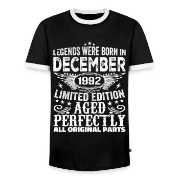 December 1992 Anniversary December 1992 December - Men's Ringer Shirt - black/white - Front - AI Model Female 172 light (172cm) & AI Model Male 178 light (178cm)