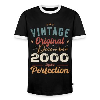 Vintage Birthday - December 2000 - Gift Idea - Men's Ringer Shirt - black/white - Front - AI Model Female 172 light (172cm) & AI Model Male 178 light (178cm)