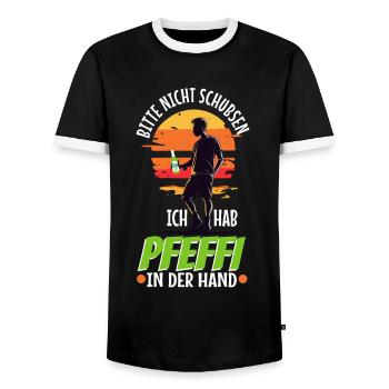 Bitte nicht schubsen ich hab Pfeffi in der Hand - Männer Kontrast-T-Shirt - Schwarz/Weiß - Vorne - AI Model Female 172 light (172cm) & AI Model Male 178 light (178cm)