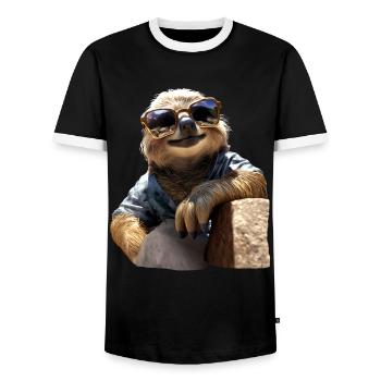 Sloth, Morning Grouch, Loafer, Cute Sloths - Men's Ringer Shirt - black/white - Front - AI Model Female 172 light (172cm) & AI Model Male 178 light (178cm)