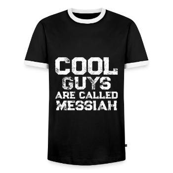Cool guys are called Messiah - Men's Ringer Shirt - black/white - Front - AI Model Female 172 light (172cm) & AI Model Male 178 light (178cm)