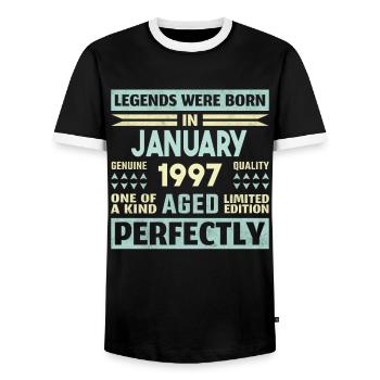 27ème anniversaire Janvier Vintage 1997 Idée cadeau - T-shirt contrasté Homme - noir/blanc - Devant - AI Model Female 172 light (172cm) & AI Model Male 178 light (178cm)