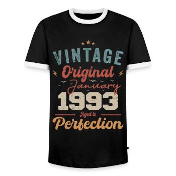 January 1993 Legend for 31 years - Men's Ringer Shirt - black/white - Front - AI Model Female 172 light (172cm) & AI Model Male 178 light (178cm)