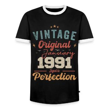 January 1991 Legend for 33 years - Men's Ringer Shirt - black/white - Front - AI Model Female 172 light (172cm) & AI Model Male 178 light (178cm)