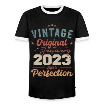 January 2023 Legend for 1 year - Men's Ringer Shirt - black/white - Front - AI Model Female 172 light (172cm) & AI Model Male 178 light (178cm)