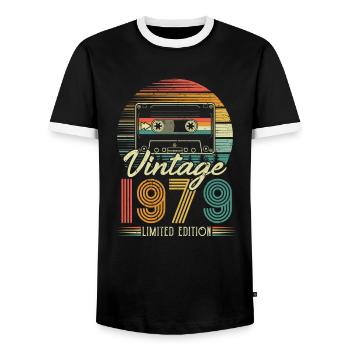 1979 Birthday Born In 1979 Retro Vintage - Men's Ringer Shirt - black/white - Front - AI Model Female 172 light (172cm) & AI Model Male 178 light (178cm)